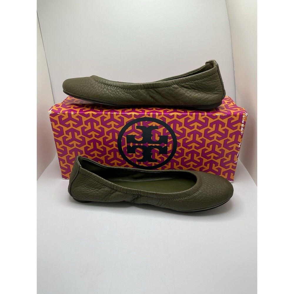 Tory Burch Eddie Ballet Flats | Lamb Leather | Dark Cactus - Green | Sz 8 W/box